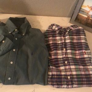 Green long sleeve polo and plaid short sleeve polo